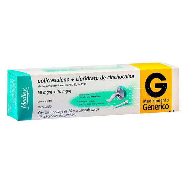 Policresuleno + Cloridrato De Cinchocaína - Medley 01/001G Pomada Bisnaga Com 30G + 10 Aplicadores