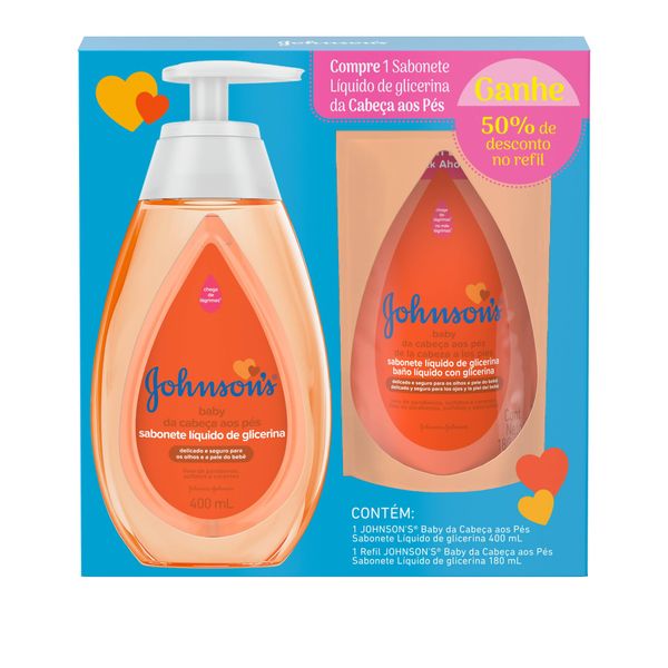 Kit promocional Sabonete Líquido de Glicerina JOHNSON'S Baby Da Cabeça aos Pés 400 ml + Refil
